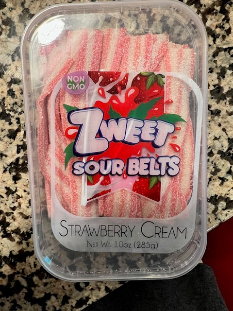 Zweet Brand Strawberry Cream Sour Belts 10 oz Container